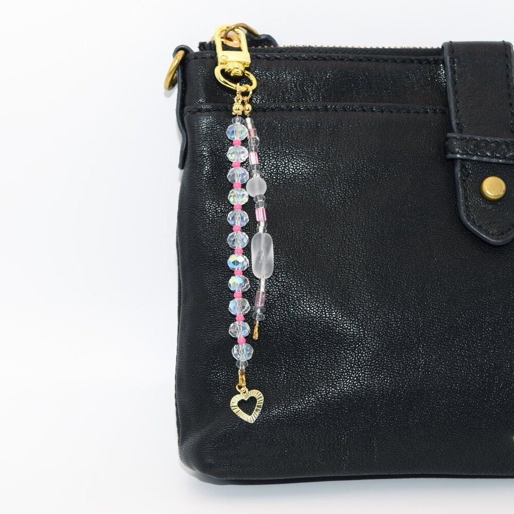 Handmade Pink & Green Beaded Bag Charm, Gold Clasp